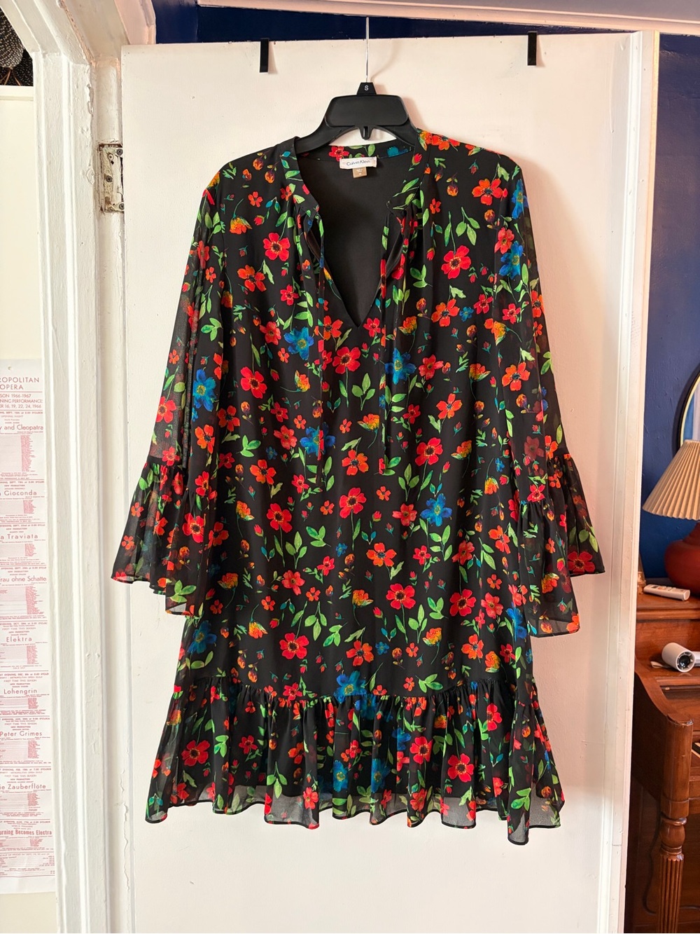 Calvin Klein Black Floral Mini Dress with ruffled sleeves
